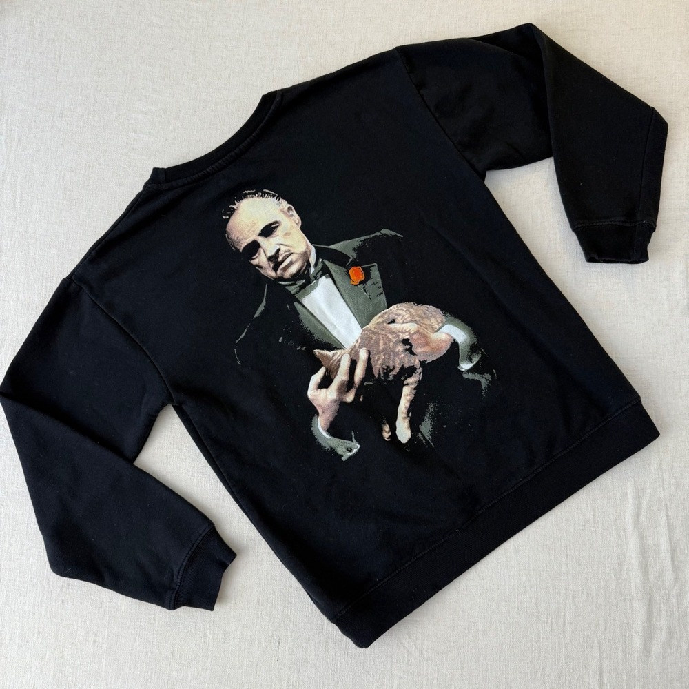 The Godfather Movie Graphic Sweatshirt Black Crewneck Marlon Brando Cat Small